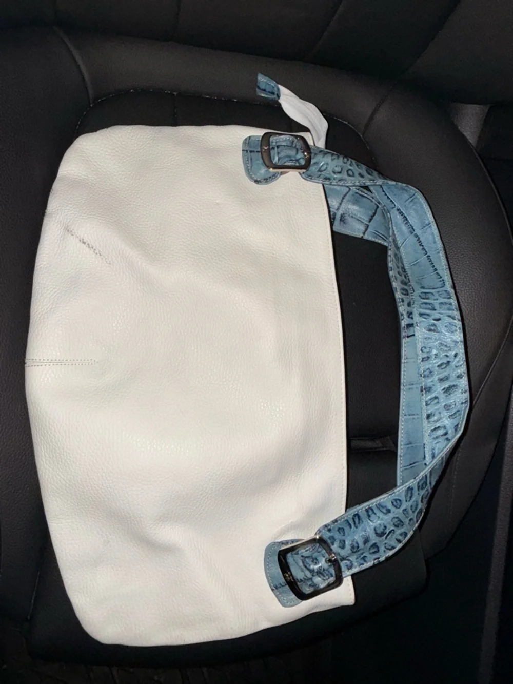 White Leather Shoulder Bag with Blue Croc-Effect Strap PETUSCO - Picture 1 of 16